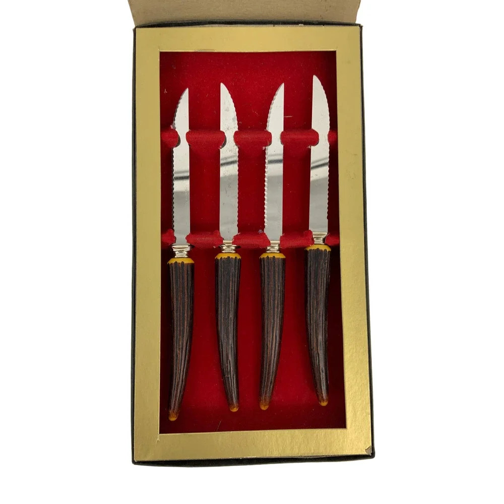Vintage Stainless Forgecraft Steak Knives Faux Antlers Kitchen Knife Set